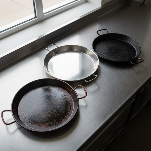 Three commercial paella pans in carbon steel, stainless steel and cast iron side by side on a stainless bench
