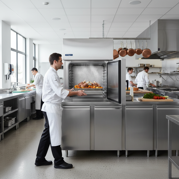 Commercial blast chiller in an Australian professional kitchen rapidly cooling trays of hot food