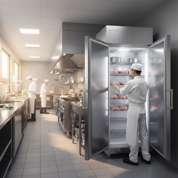 Commercial upright freezer in a busy Australian commercial kitchen with a chef loading frozen stock