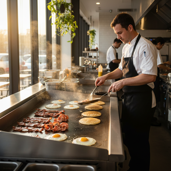 Chef cooking eggs and bacon on a commercial griddle during breakfast service in an Australian café