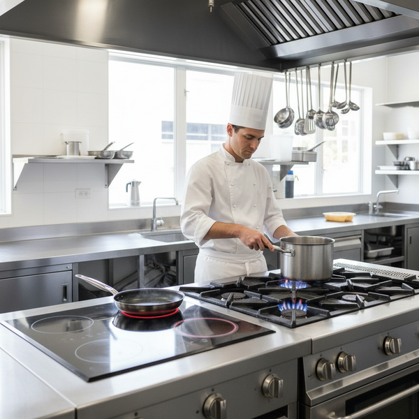 Chef cooking on a commercial induction cooktop beside a gas cooktop in an Australian commercial kitchen