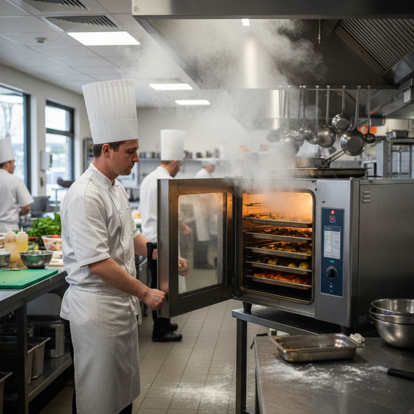 Head chef loading GN 1/1 trays into a full-size commercial combi oven in an Australian restaurant kitchen