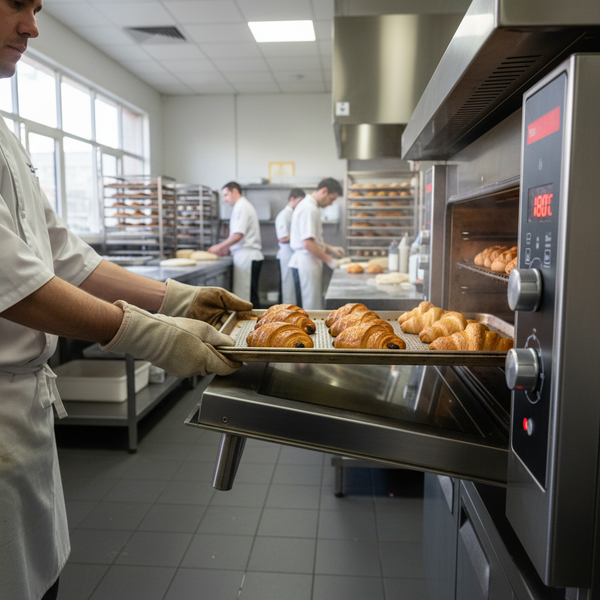 Chef checking an oven thermometer against the dial of a stacked electric convection oven in an Australian commercial kitchen