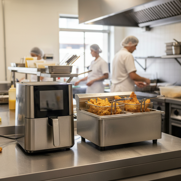 Benchtop commercial air fryer sitting beside an oil deep fryer on a stainless steel bench in an Australian cafe kitchen