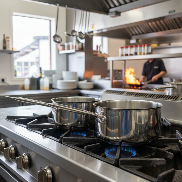 Chef comparing a stainless steel saute pan and a lightweight aluminium pan on a gas range in an Australian commercial kitchen
