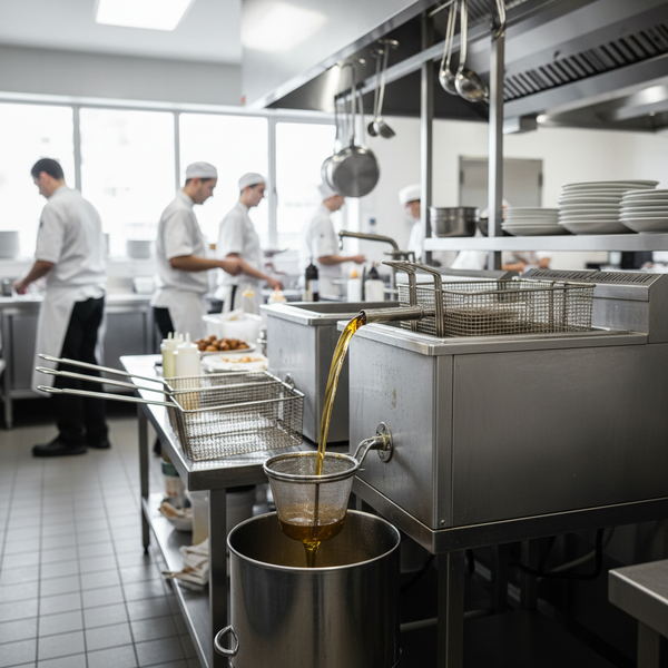Chef filtering hot frying oil from a commercial deep fryer vat into a filter trolley in an Australian kitchen