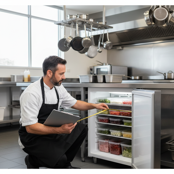 Chef measuring the internal shelf space of a stainless steel commercial fridge in an Australian kitchen