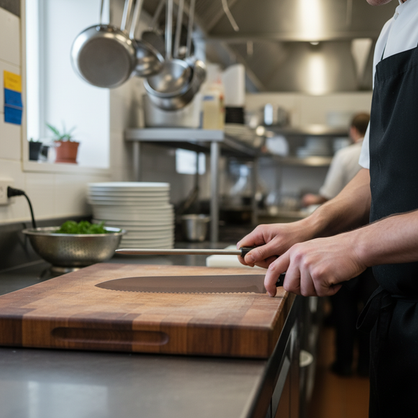 Chef running a tapered ceramic sharpening rod through the scallops of a serrated bread knife on a stainless steel bench in an Australian commercial kitchen