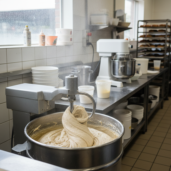 Floor-standing spiral dough mixer and a benchtop planetary mixer side by side in an Australian commercial bakery kitchen