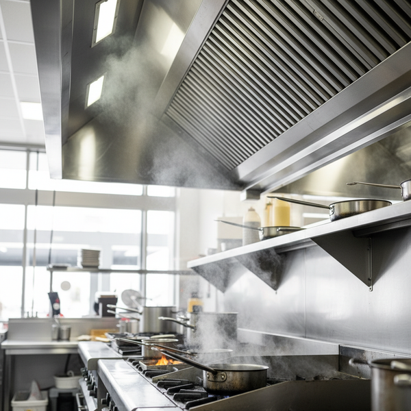Stainless steel commercial kitchen exhaust canopy over a cooking range in a busy Australian restaurant kitchen