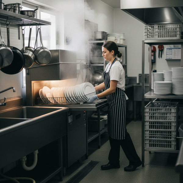 Kitchen hand sliding a rack of plates into a stainless steel passthrough commercial dishwasher in an Australian restaurant
