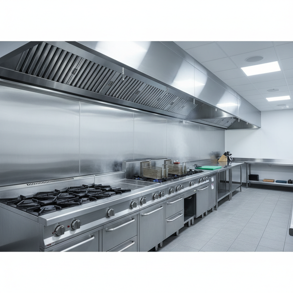 Stainless steel commercial kitchen exhaust canopy mounted above a cookline of fryers and cooktops