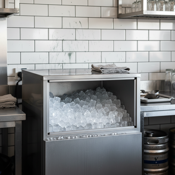 Chef scooping ice from a self-contained commercial ice machine in an Australian venue kitchen
