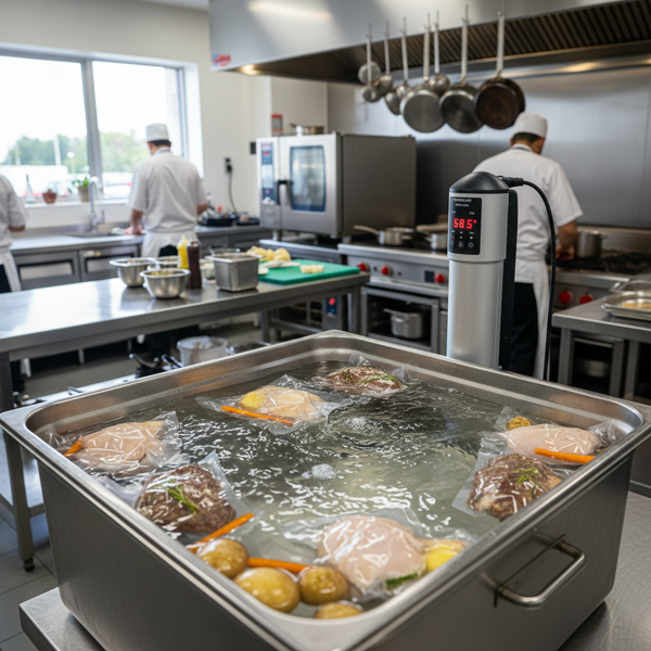 Chef lowering vacuum-sealed portions into a sous vide water bath in an Australian commercial kitchen