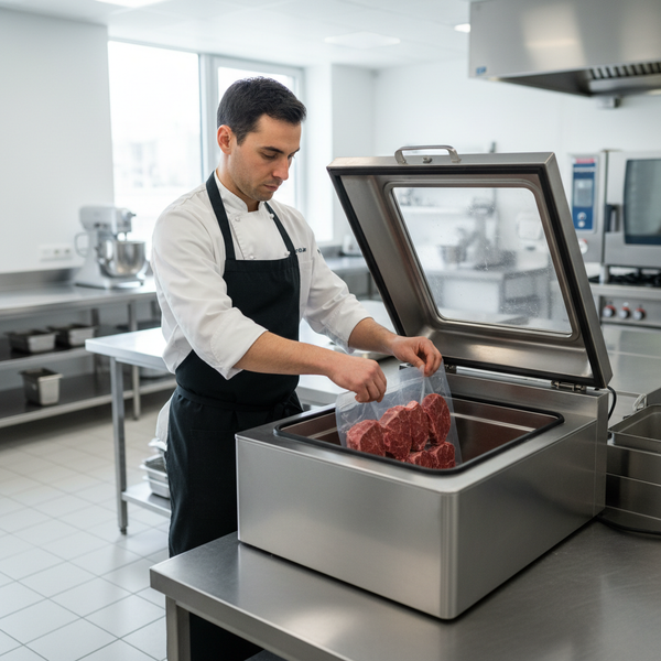 Chef vacuum sealing portioned raw beef in a chamber vacuum sealer in a commercial kitchen