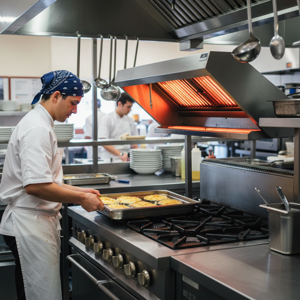 Chef glazing a plated dish under a stainless steel commercial salamander grill on the pass in an Australian restaurant kitchen