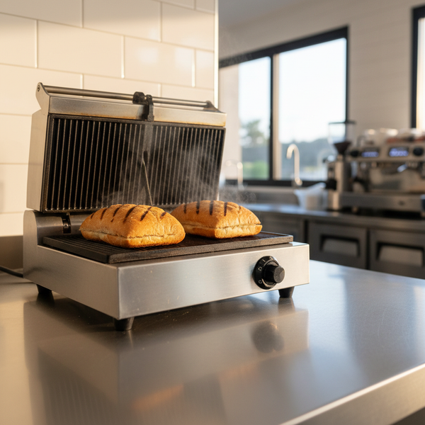 Commercial panini press with ribbed plates toasting paninis on a stainless steel cafe bench