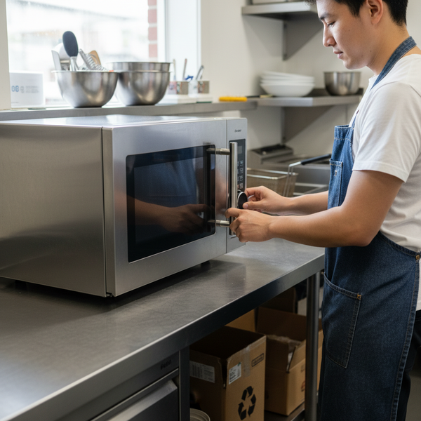 Chef reheating a portion in a stainless steel commercial microwave on a busy Australian cafe bench
