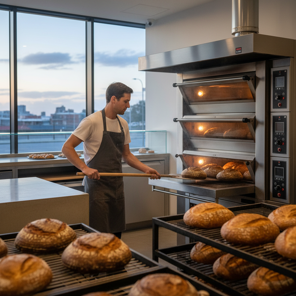 Baker loading sourdough loaves into a commercial deck bread oven with steam rising