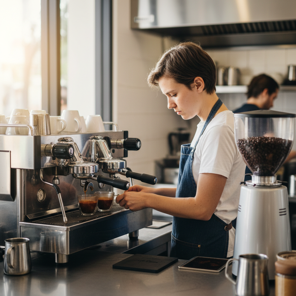 Barista pulling shots on a two group commercial espresso machine during the morning rush in an Australian cafe
