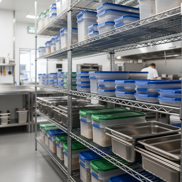 Labelled and date-marked commercial food storage containers stacked on cold room shelving in an Australian kitchen