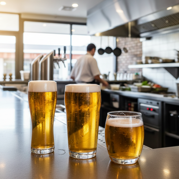 Row of Australian beer glasses on a pub bar showing pot, middy, schooner and pint sizes side by side