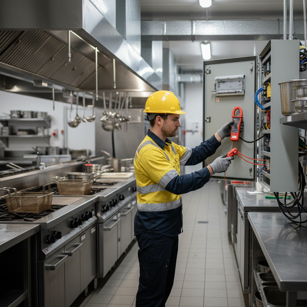 Electrician checking the rating plate on commercial kitchen equipment beside a switchboard in an Australian venue