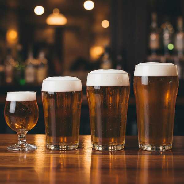 Row of Australian beer glasses on a bar — seven, pot, schooner and pint sizes side by side