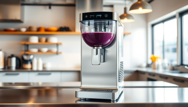 High-capacity commercial açaí machine dispensing smooth and creamy açaí bowls in a busy café.