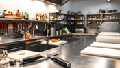 A variety of commercial kitchen equipment, including ovens, deep fryers, refrigeration units, dishwashers, and storage shelvings, designed for efficient food preparation and safety in professional kitchens.