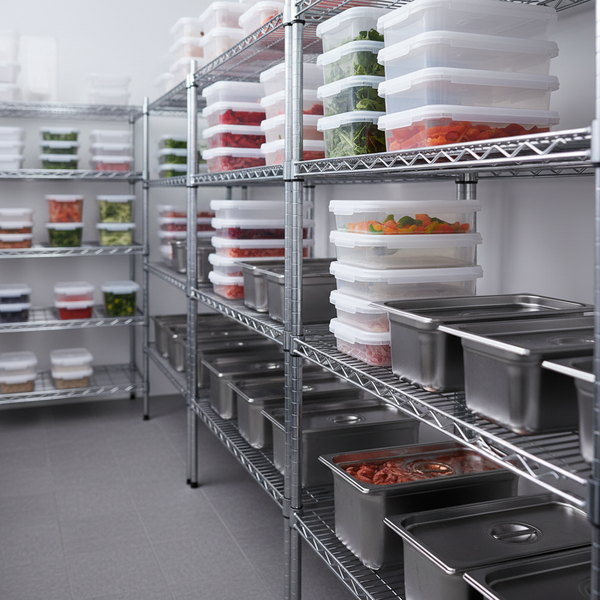 Clear polycarbonate food storage containers and gastronorm pans stacked on a commercial kitchen shelf
