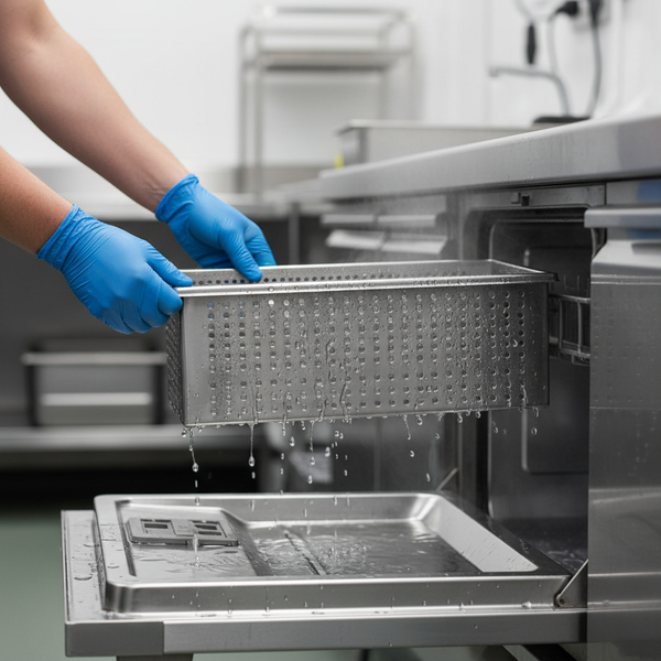Operator removing the scrap tray filter from a commercial underbench dishwasher in a stainless steel kitchen