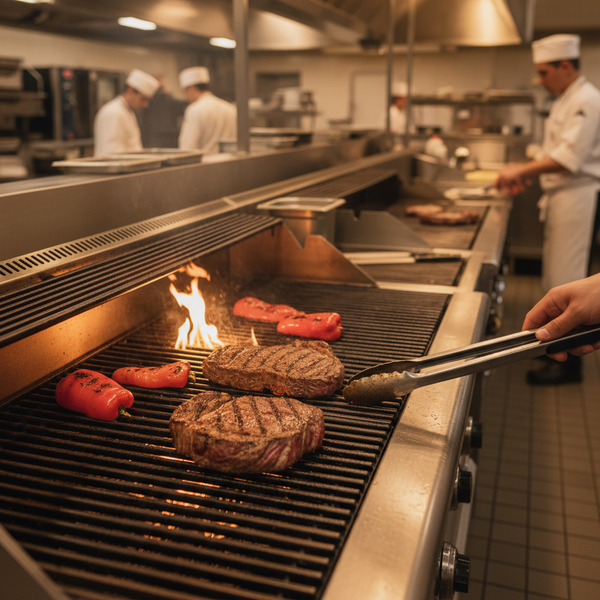 Commercial char grill searing steaks and vegetables on ribbed grates in a busy restaurant kitchen