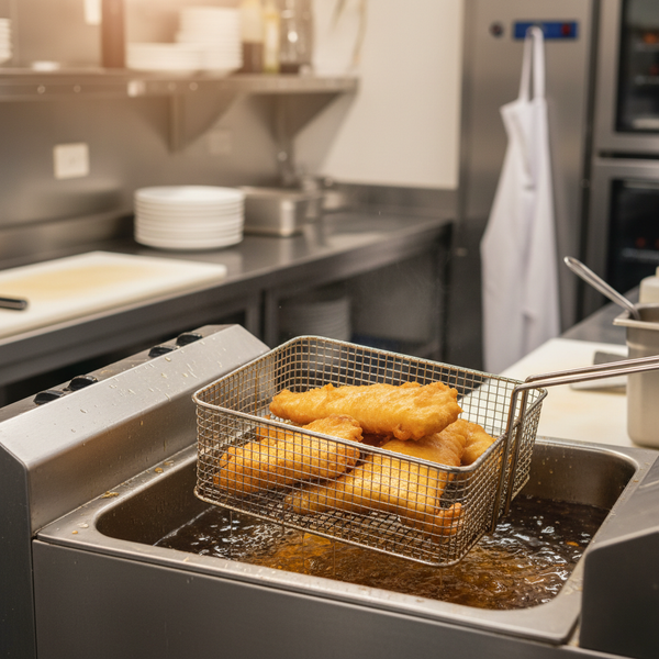 Golden battered fish and chips being lifted from a commercial deep fryer basket