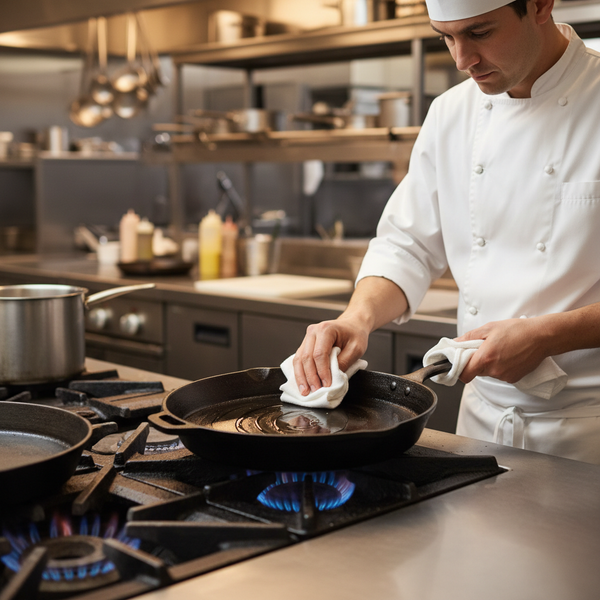 Chef seasoning a cast iron skillet with oil on a commercial kitchen stovetop