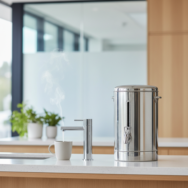 Plumbed boiling water tap on an office kitchen bench beside a stainless steel hot water urn