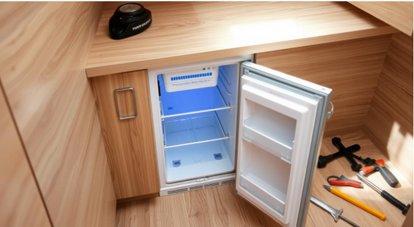 Under-bench fridge in a commercial kitchen, used for safely storing perishable food items like dairy, meat, and vegetables, offering easy access for chefs and maintaining optimal food safety and hygiene standards.