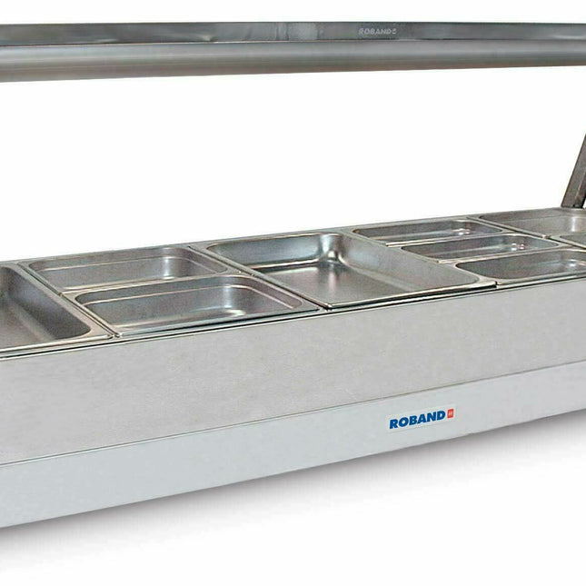 Roband Straight Glass Hot Food Display Bar, 10 pans double row with roller door