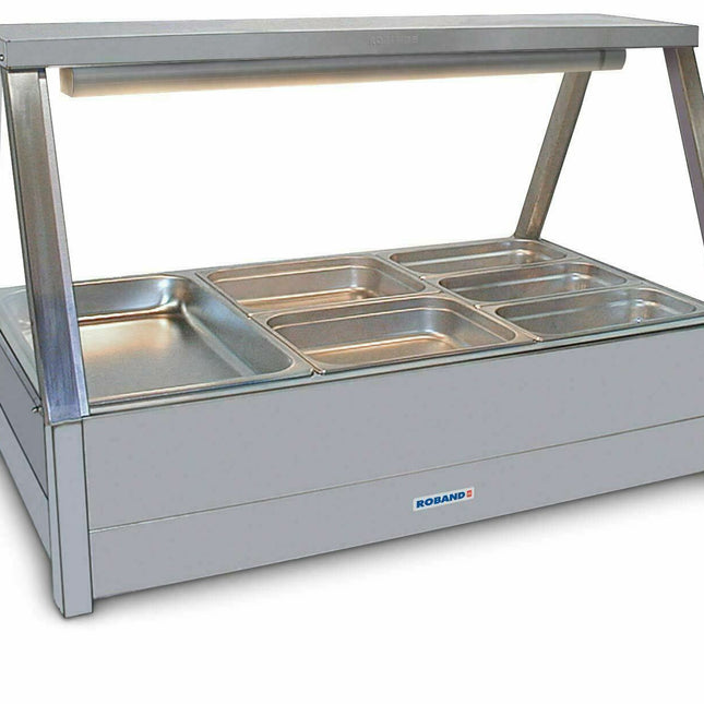Roband Straight Glass Hot Food Display Bar, 6 pans double row with roller doors