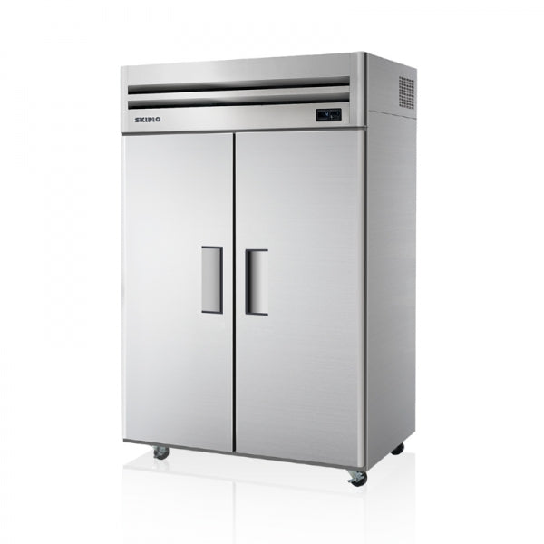 Skipio SRT45-2 two solid door upright storage fridge — front view