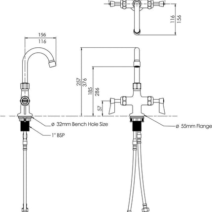 3Monkeez Stainless Steel Dual Bench Mount Tap Body with Gooseneck Spout. 1/2” FI BSP Inlet Hoses