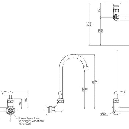 3Monkeez Stainless Steel Exposed Wall Mount Body with 12" Gooseneck Spout