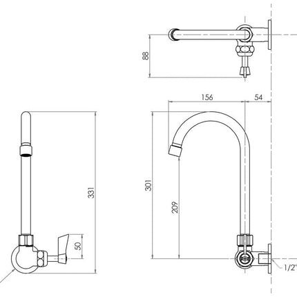 3Monkeez Stainless Steel Single Wall Mount Body with Single Control Gooseneck Swivel Spout