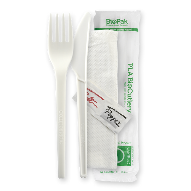 BioPak GD-6.5AKFNSP-B 16.5cm (6.5") PLA knife, fork, napkin, salt and