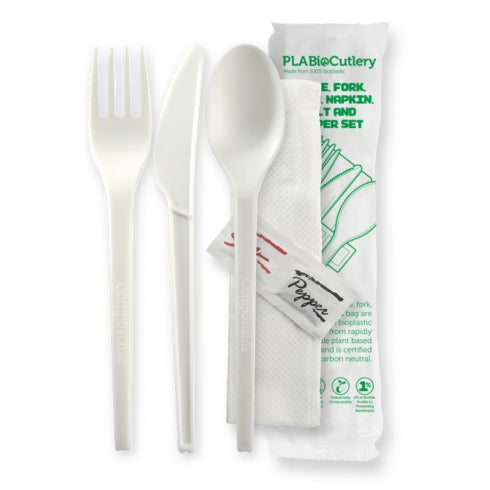 BioPak GD-6.5AKFSNSP-B 16.5cm (6.5") PLA knife, fork, spoon, napkin, salt