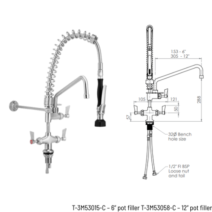 3Monkeez Stainless Steel Compact Dual Bench Mount Pre-Rinse with Optional Pot Filler