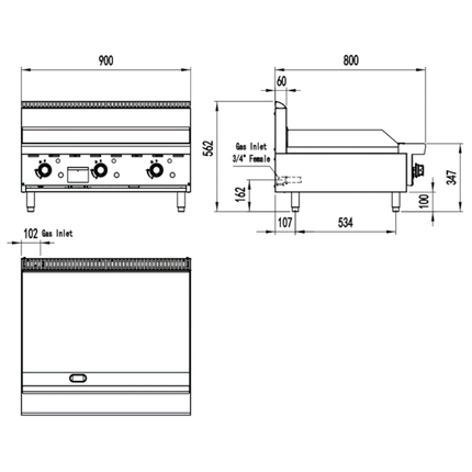AG Three Burner Commercial Flat Griddle/Hotplate - 900MM WIDTH - Natural Gas