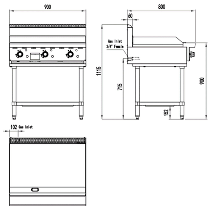 AG Three Burner Commercial Flat Griddle/Hotplate - 900MM WIDTH - Natural Gas