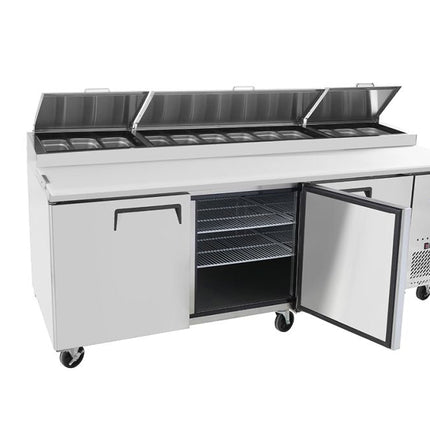 Atosa Three Door Pizza Prep Table Refrigerator MPF8203-SM open