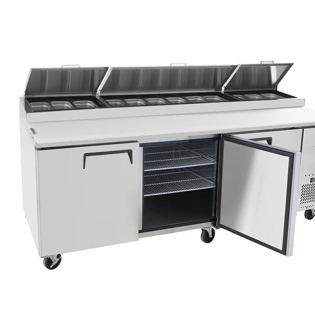 Atosa Three Door Pizza Prep Table Refrigerator MPF8203-SM open